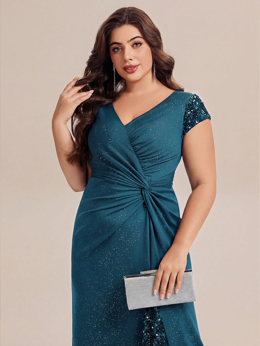 KAIA Silver Knotted Sequin Cap Sleeve Maxi Evening Dress