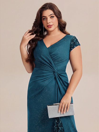KAIA Silver Knotted Sequin Cap Sleeve Maxi Evening Dress