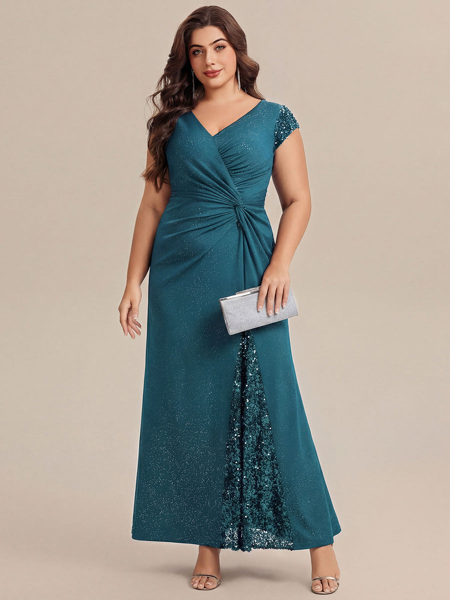 KAIA Silver Knotted Sequin Cap Sleeve Maxi Evening Dress