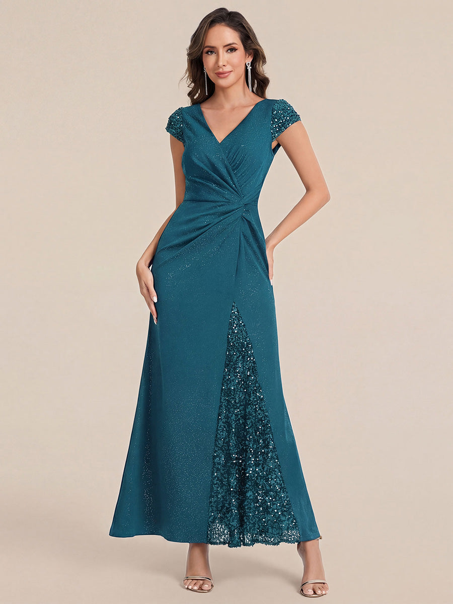 KAIA Silver Knotted Sequin Cap Sleeve Maxi Evening Dress