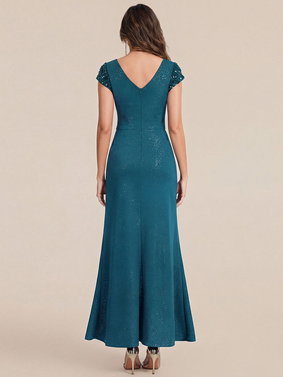 KAIA Silver Knotted Sequin Cap Sleeve Maxi Evening Dress