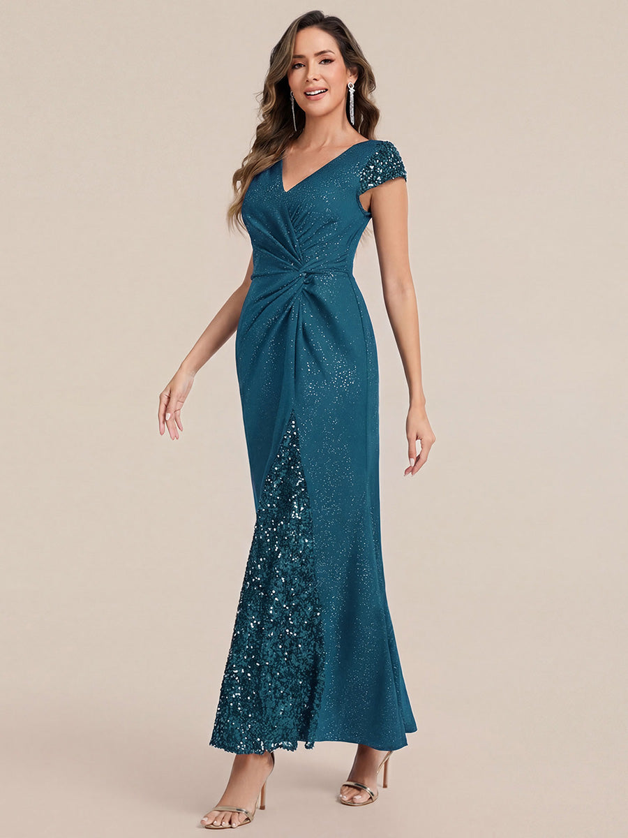 KAIA Silver Knotted Sequin Cap Sleeve Maxi Evening Dress