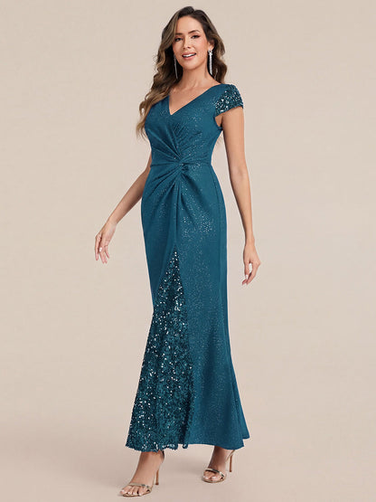 KAIA Silver Knotted Sequin Cap Sleeve Maxi Evening Dress