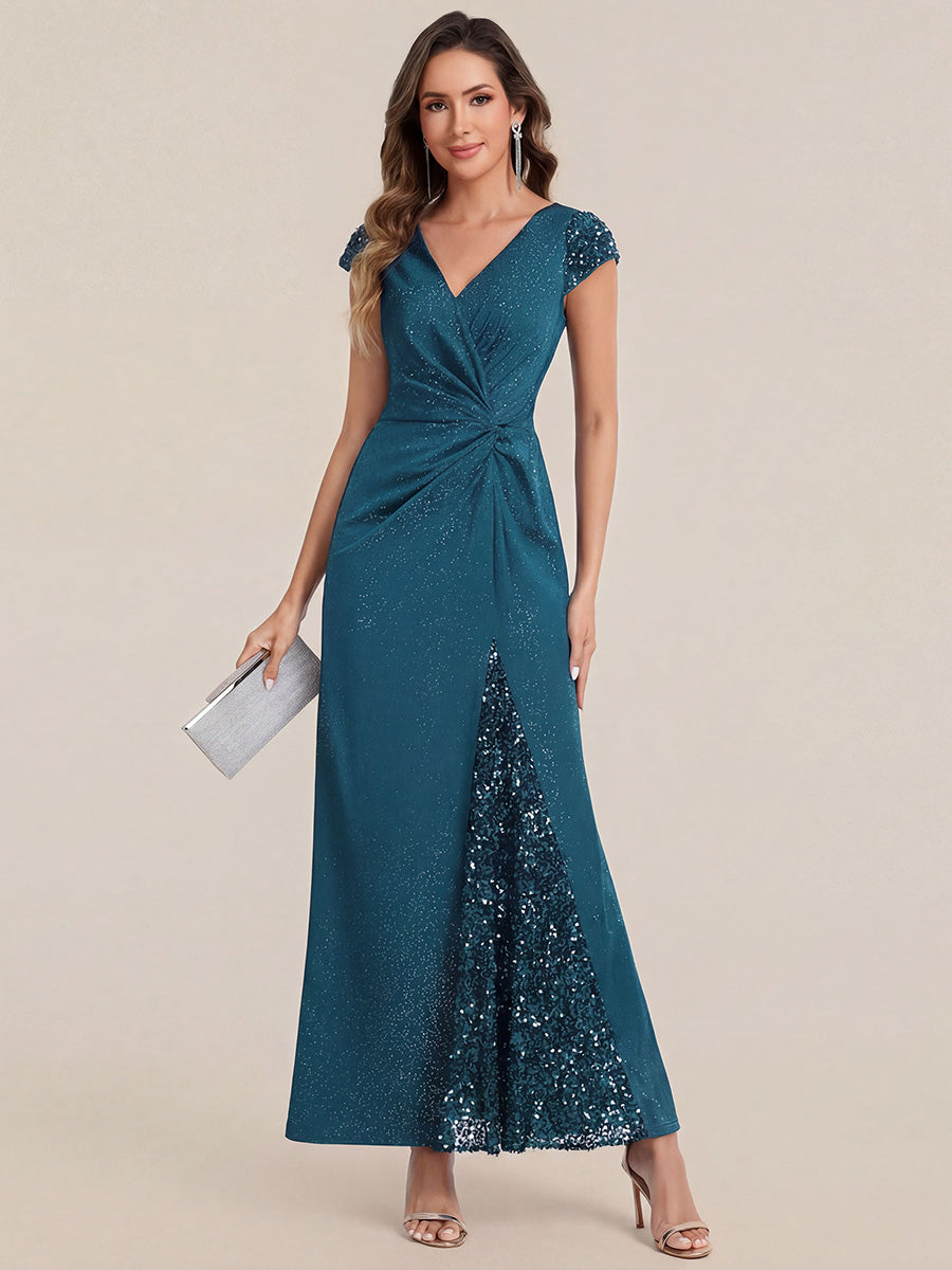 KAIA Silver Knotted Sequin Cap Sleeve Maxi Evening Dress