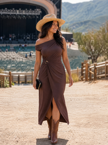 Sienna Blush Knit Off-Shoulder Midi Bodycon Wedding Guest Dress