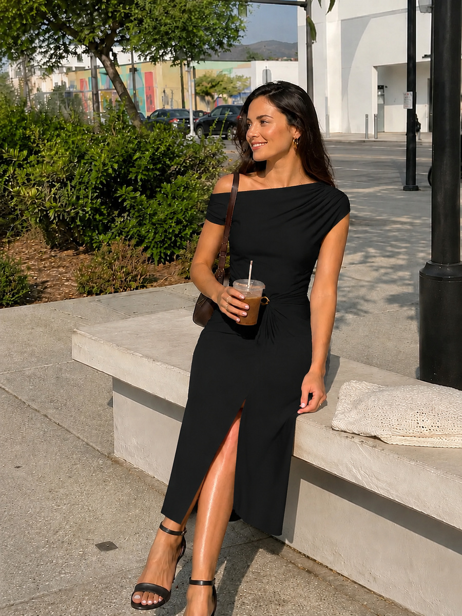 Sienna Blush Knit Off-Shoulder Midi Bodycon Wedding Guest Dress