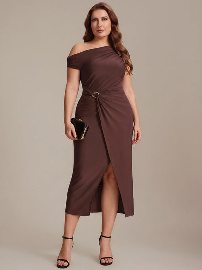 Sienna Blush Knit Off-Shoulder Midi Bodycon Wedding Guest Dress