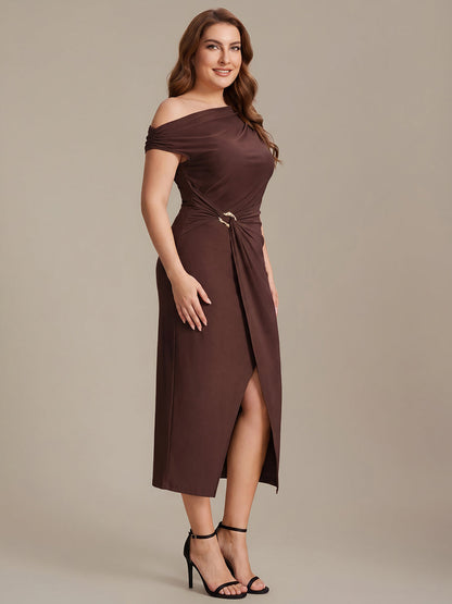 Sienna Blush Knit Off-Shoulder Midi Bodycon Wedding Guest Dress
