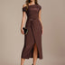 Sienna Blush Knit Off-Shoulder Midi Bodycon Wedding Guest Dress - Chocolate Brown