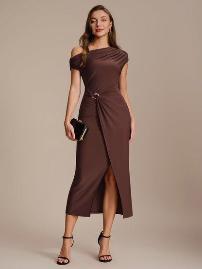 Sienna Blush Knit Off-Shoulder Midi Bodycon Wedding Guest Dress