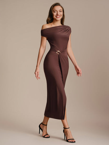 Sienna Blush Knit Off-Shoulder Midi Bodycon Wedding Guest Dress