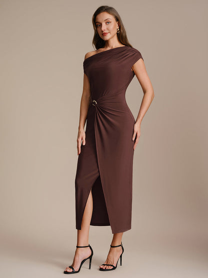Sienna Blush Knit Off-Shoulder Midi Bodycon Wedding Guest Dress