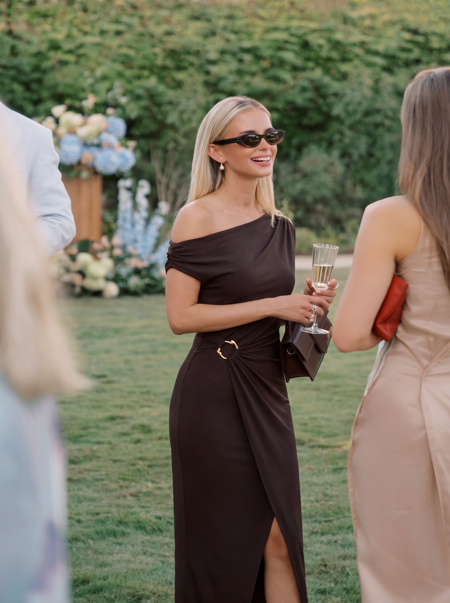 Sienna Blush Knit Off-Shoulder Midi Bodycon Wedding Guest Dress