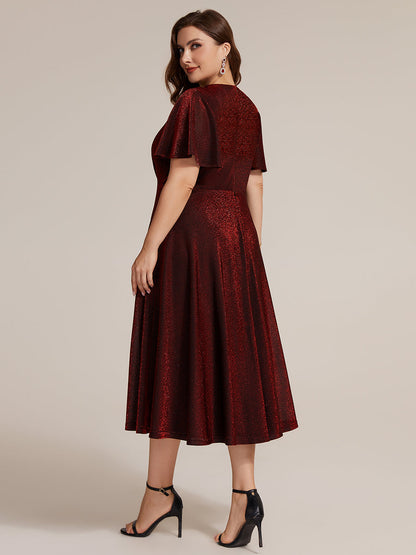 Sophia Silver Glitter Knit Ruffle Sleeve Midi Wedding Guest Dress