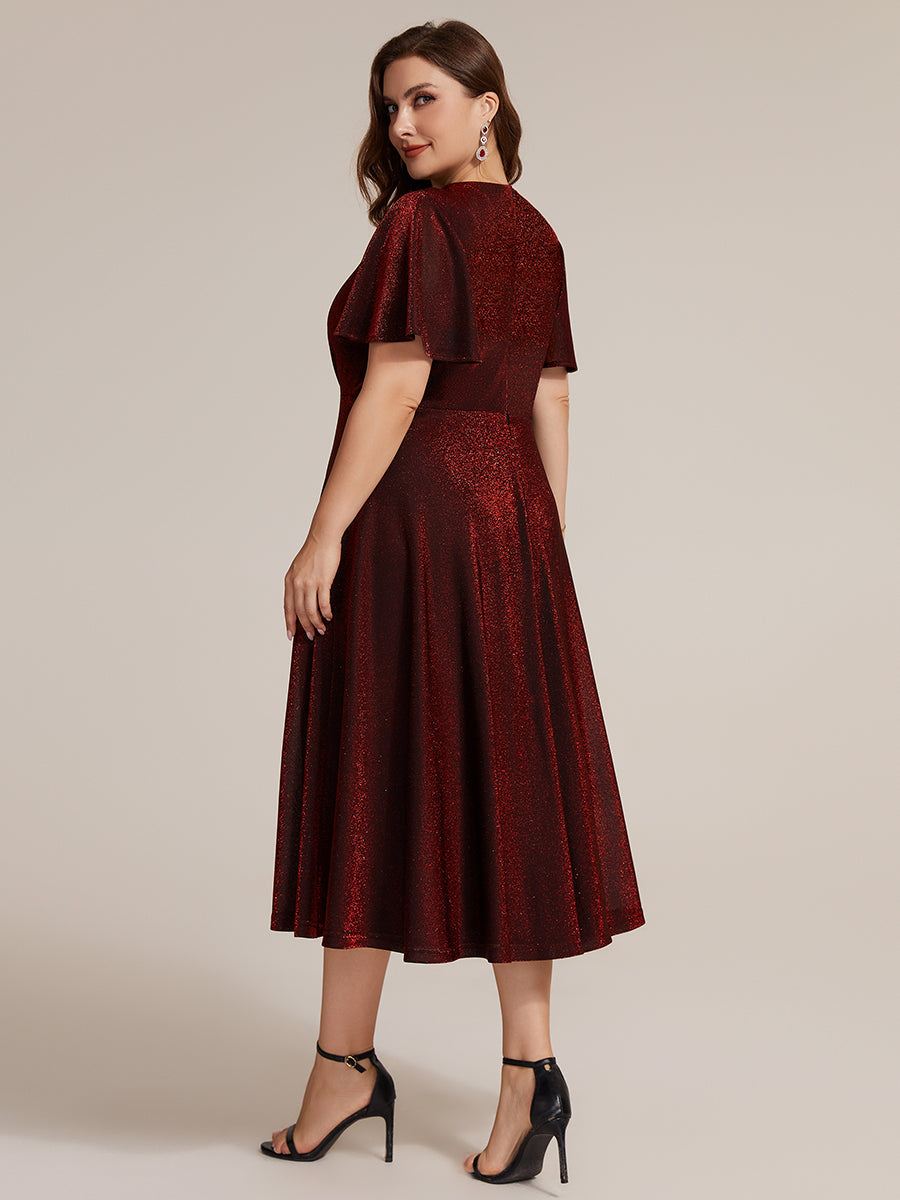 Sophia Silver Glitter Knit Ruffle Sleeve Midi Wedding Guest Dress