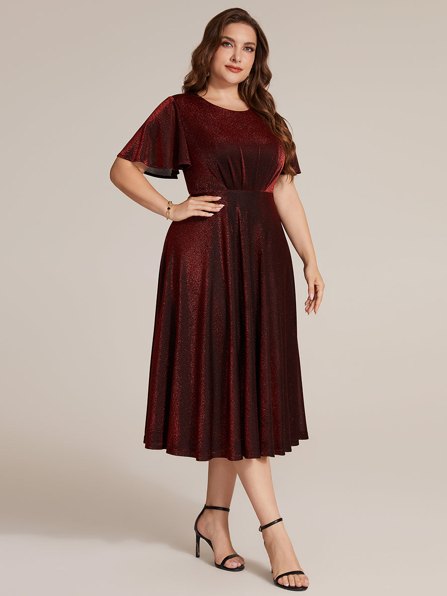 Sophia Silver Glitter Knit Ruffle Sleeve Midi Wedding Guest Dress