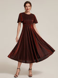 Sophia Silver Glitter Knit Ruffle Sleeve Midi Wedding Guest Dress