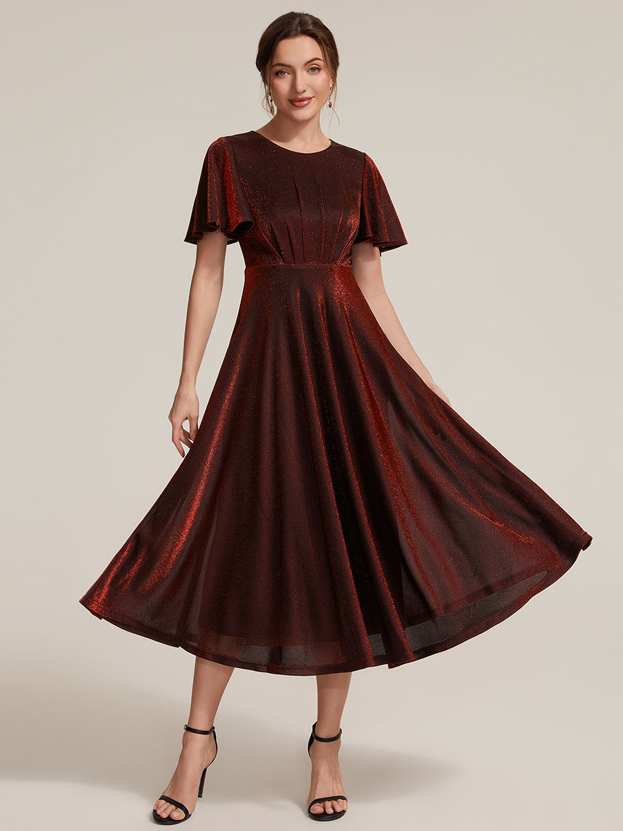 Sophia Silver Glitter Knit Ruffle Sleeve Midi Wedding Guest Dress