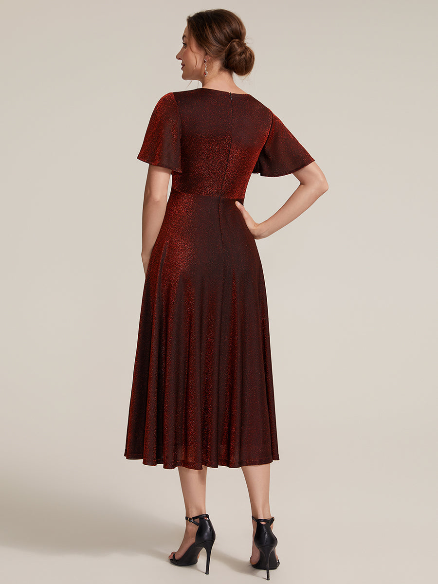Sophia Silver Glitter Knit Ruffle Sleeve Midi Wedding Guest Dress