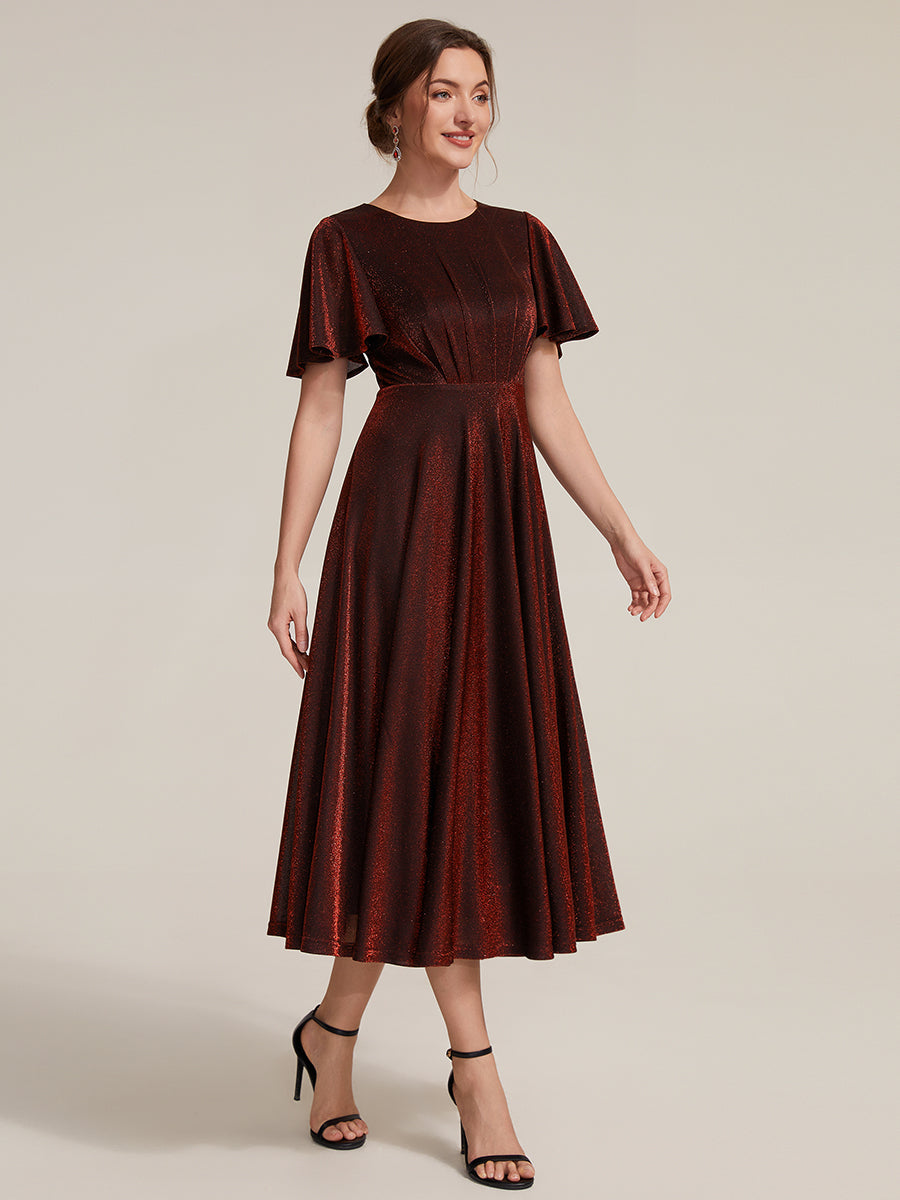 Sophia Silver Glitter Knit Ruffle Sleeve Midi Wedding Guest Dress