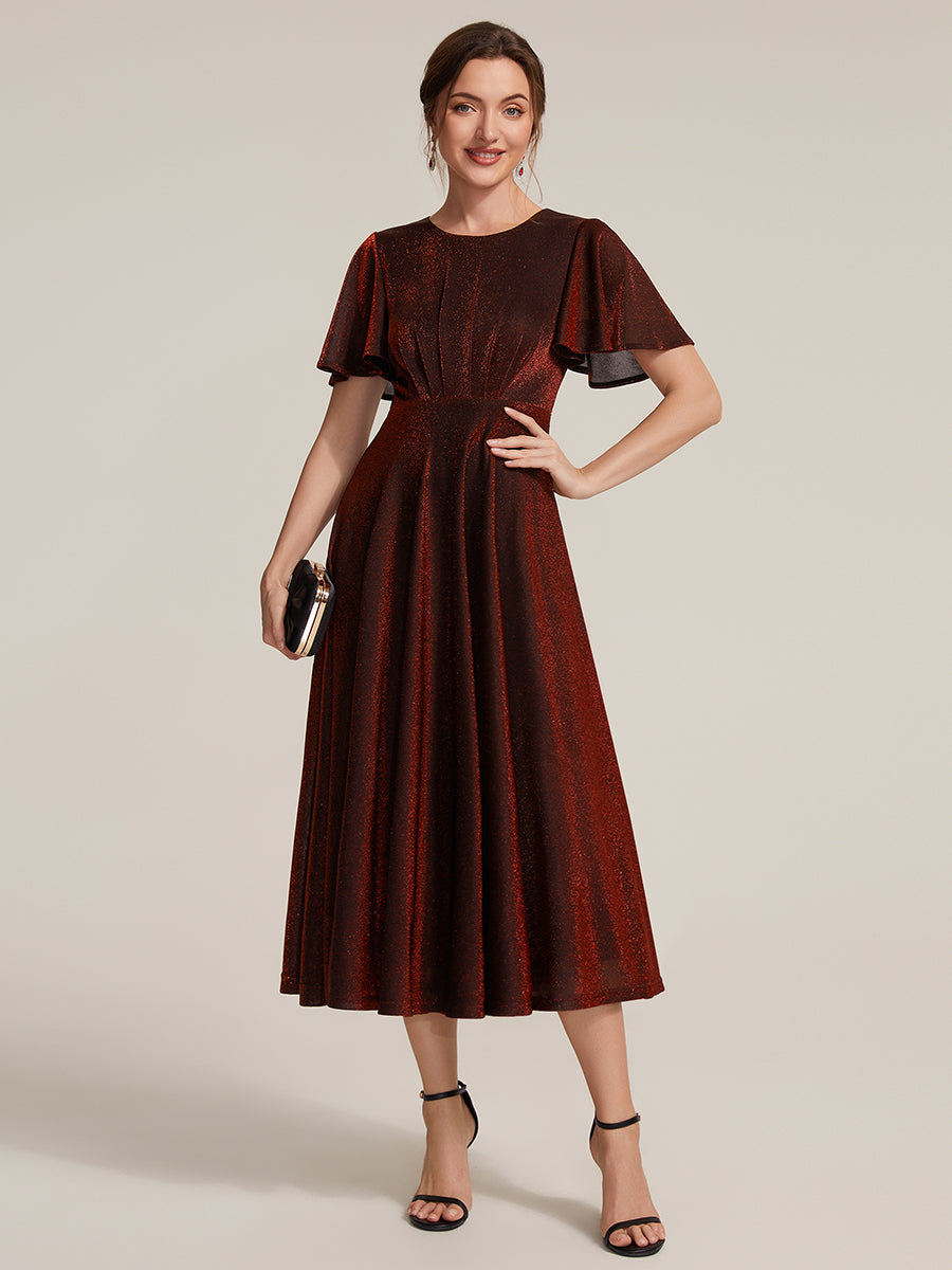 Sophia Silver Glitter Knit Ruffle Sleeve Midi Wedding Guest Dress