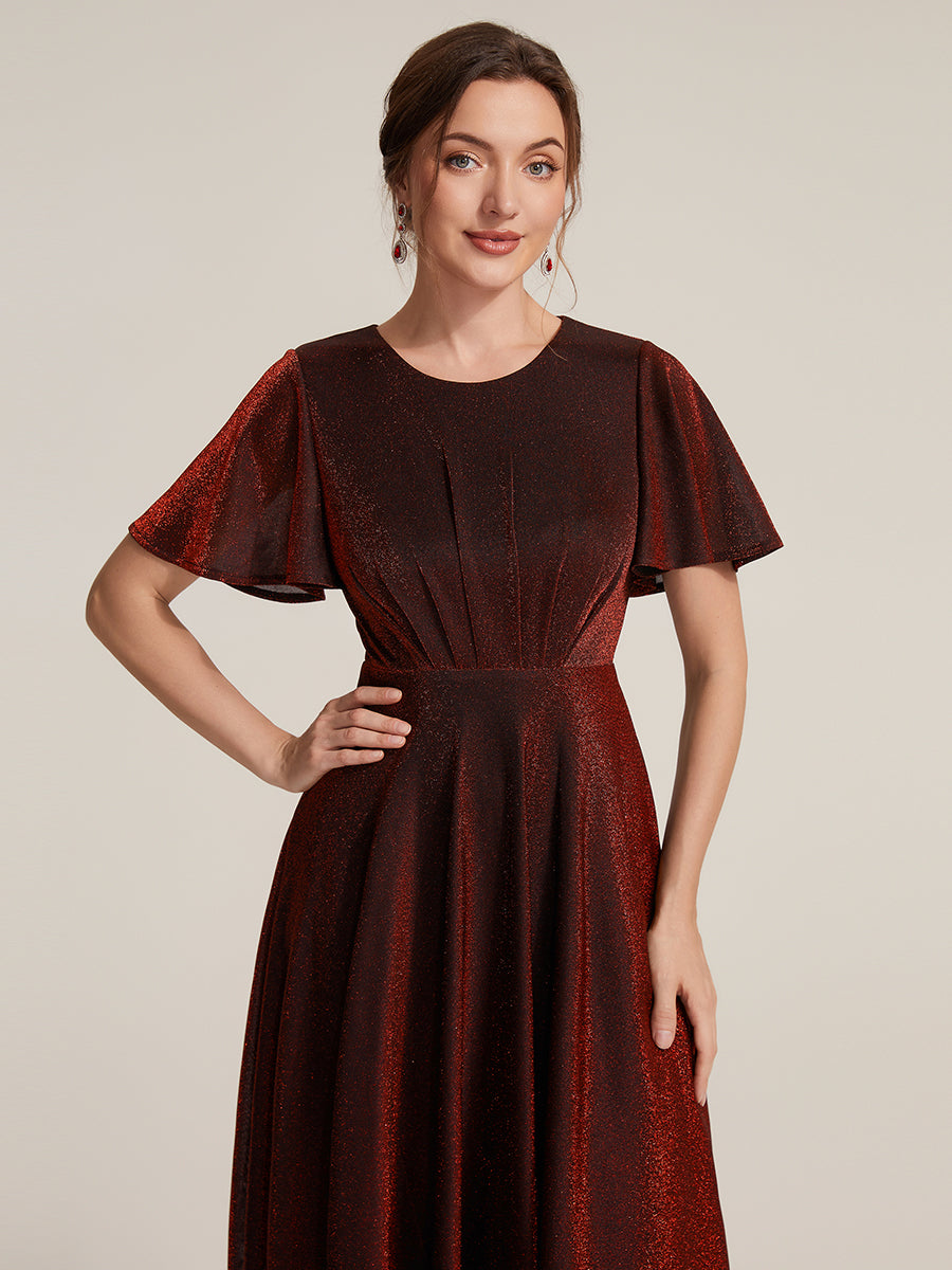 Sophia Silver Glitter Knit Ruffle Sleeve Midi Wedding Guest Dress