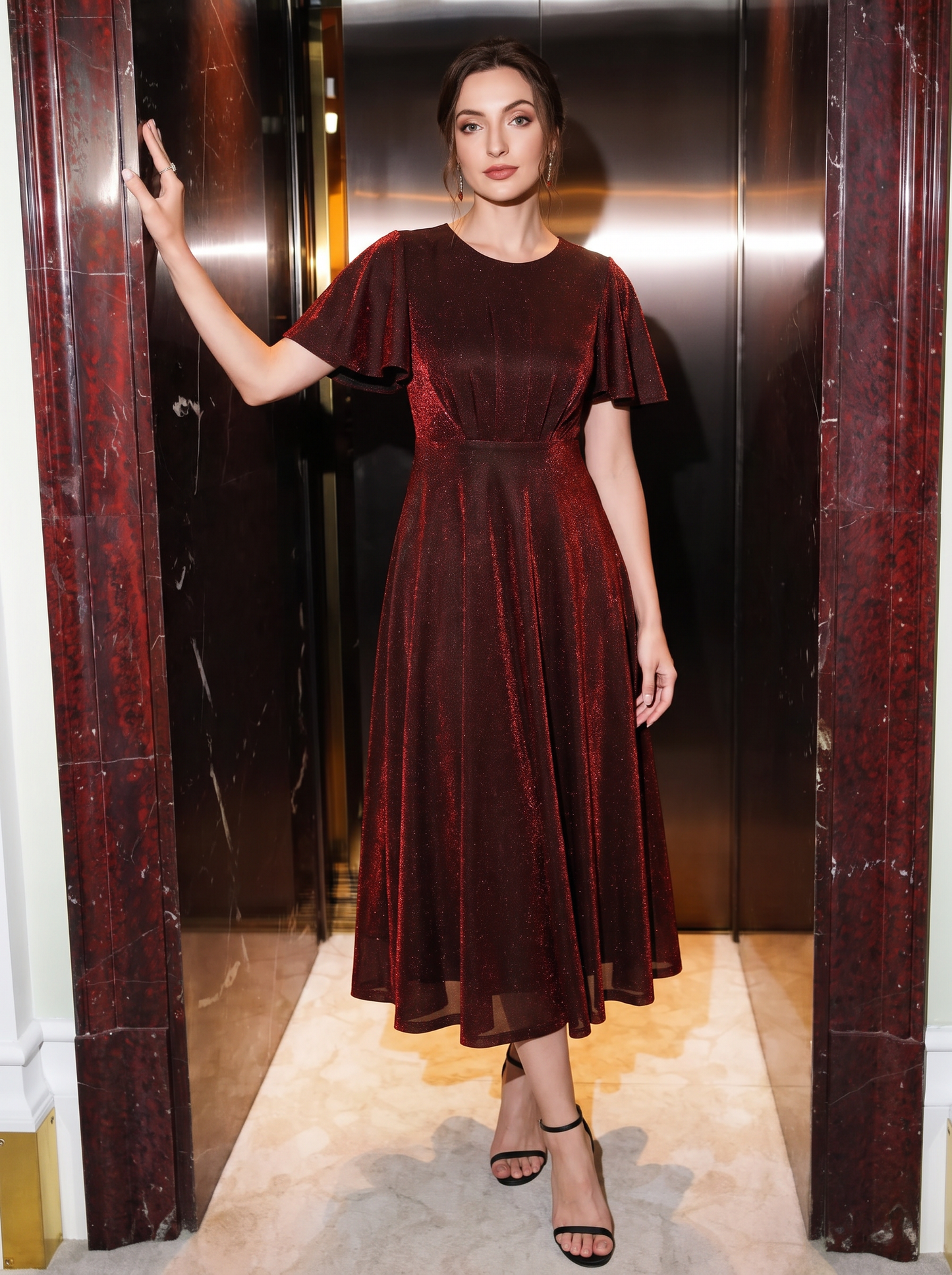 Sophia Silver Glitter Knit Ruffle Sleeve Midi Wedding Guest Dress