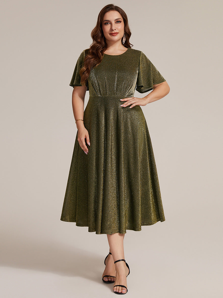 Sophia Silver Glitter Knit Ruffle Sleeve Midi Wedding Guest Dress
