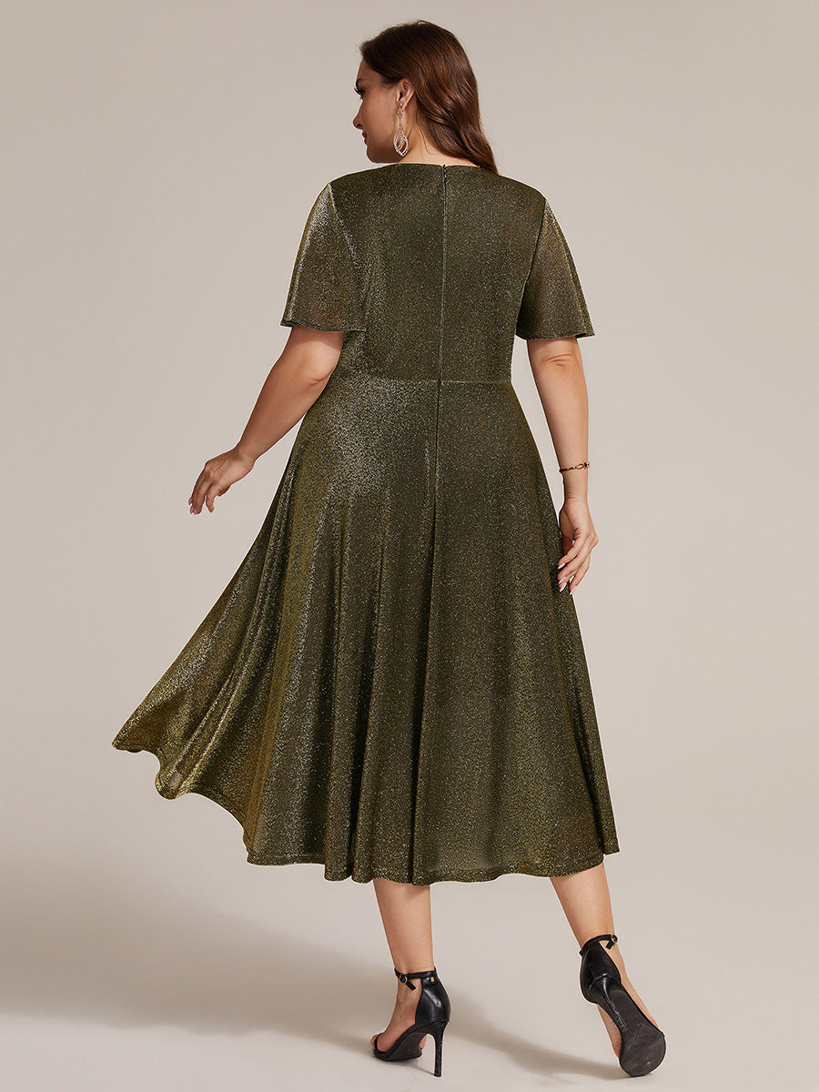 Sophia Silver Glitter Knit Ruffle Sleeve Midi Wedding Guest Dress