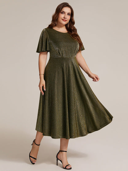 Sophia Silver Glitter Knit Ruffle Sleeve Midi Wedding Guest Dress