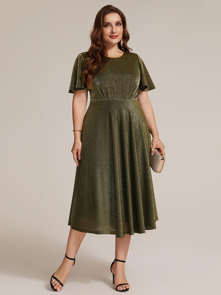 Sophia Silver Glitter Knit Ruffle Sleeve Midi Wedding Guest Dress