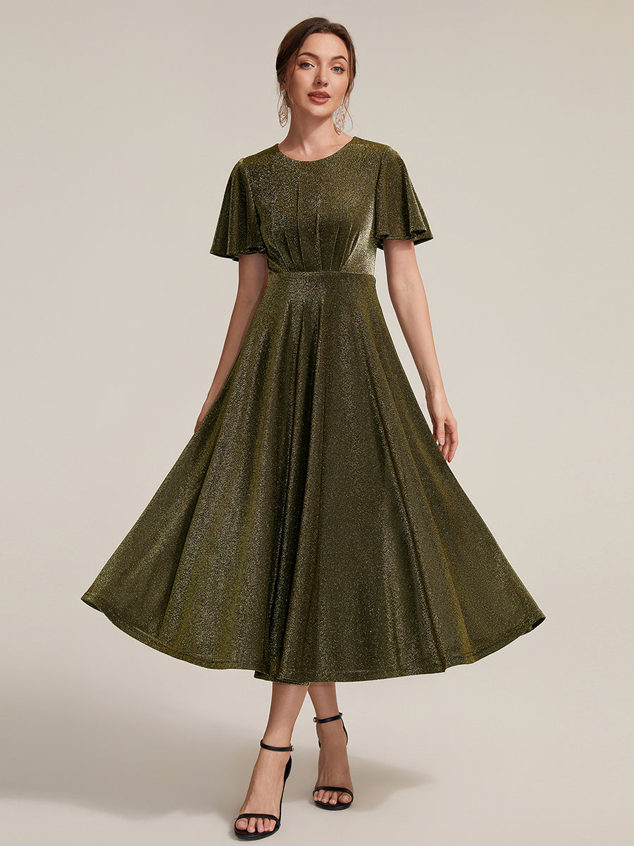 Sophia Silver Glitter Knit Ruffle Sleeve Midi Wedding Guest Dress