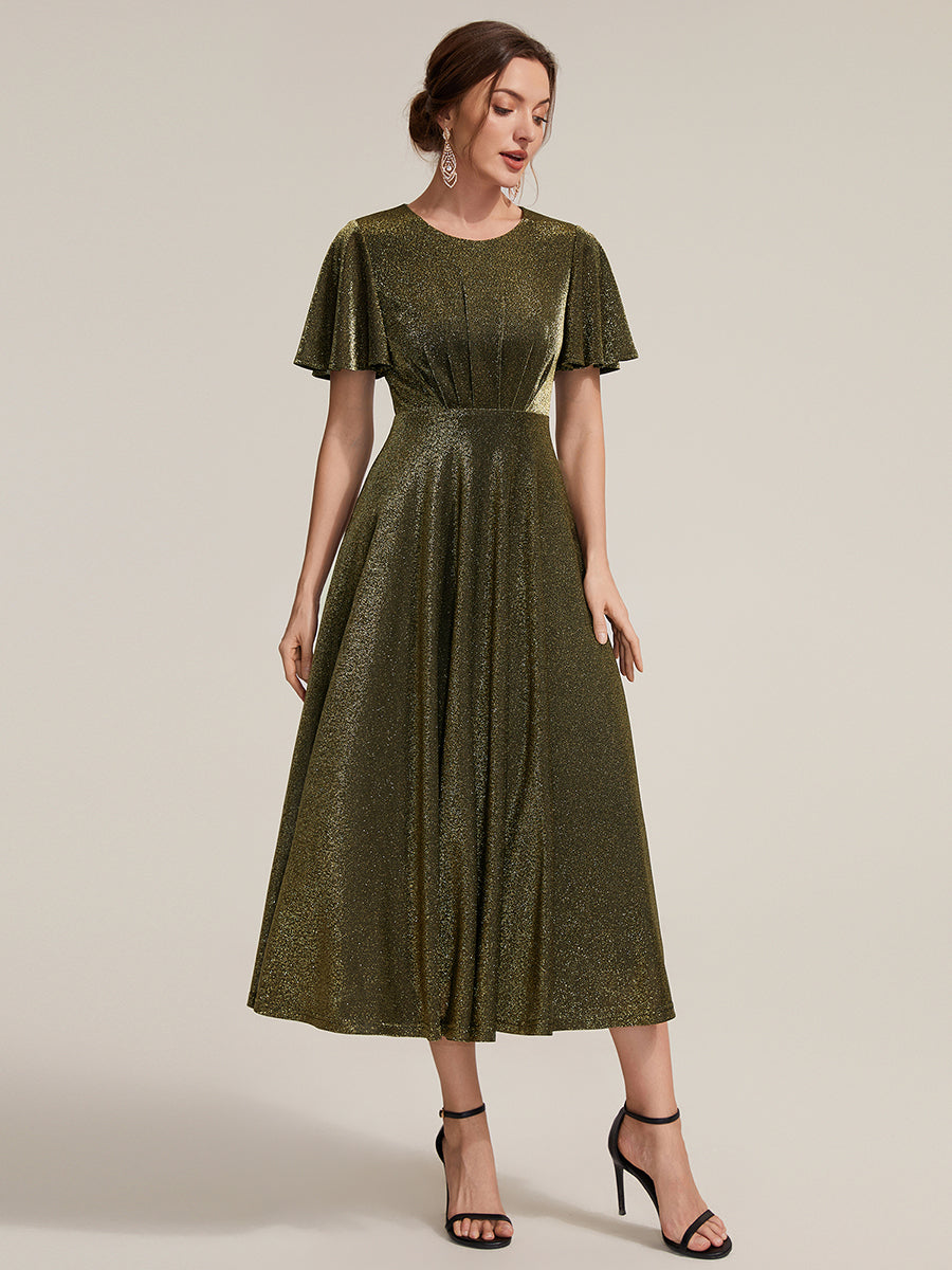 Sophia Silver Glitter Knit Ruffle Sleeve Midi Wedding Guest Dress