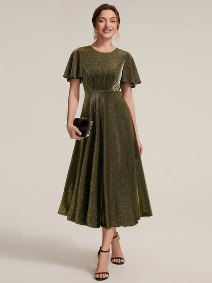 Sophia Silver Glitter Knit Ruffle Sleeve Midi Wedding Guest Dress
