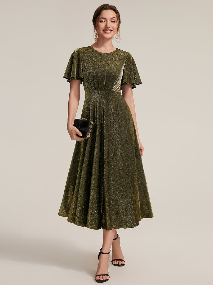 Sophia Silver Glitter Knit Ruffle Sleeve Midi Wedding Guest Dress