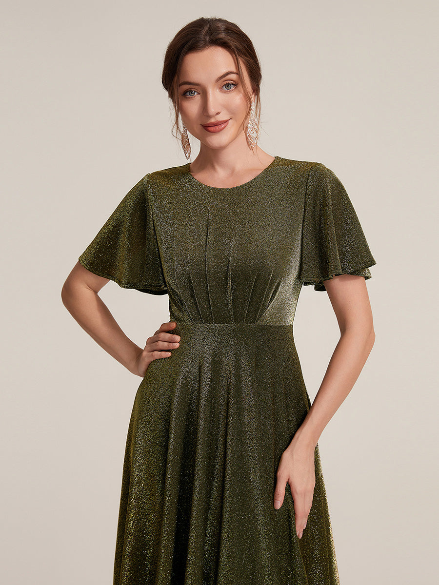 Sophia Silver Glitter Knit Ruffle Sleeve Midi Wedding Guest Dress