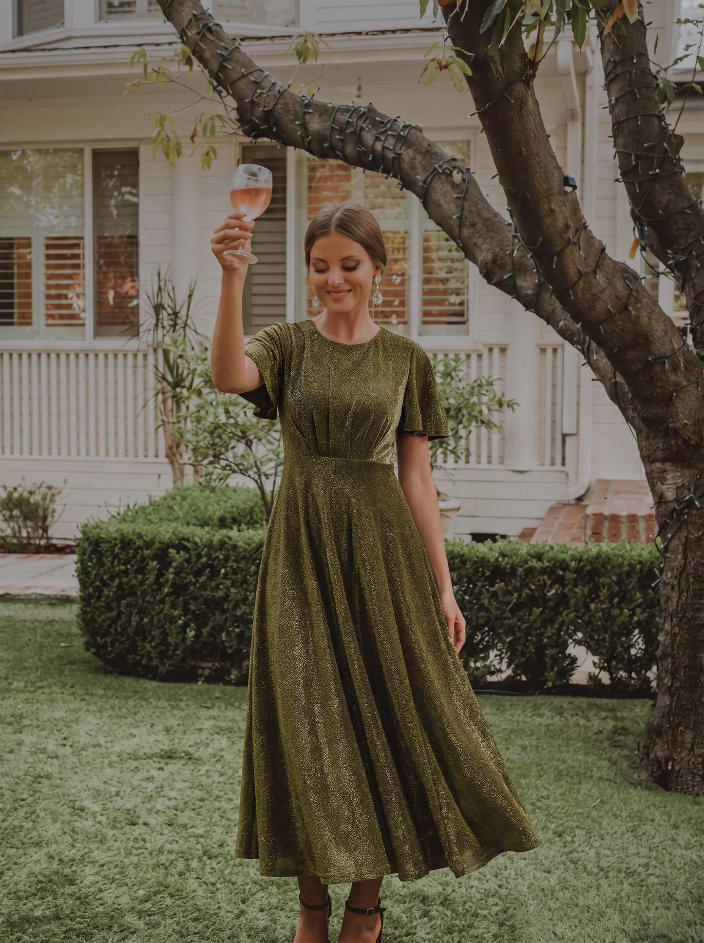 Sophia Silver Glitter Knit Ruffle Sleeve Midi Wedding Guest Dress