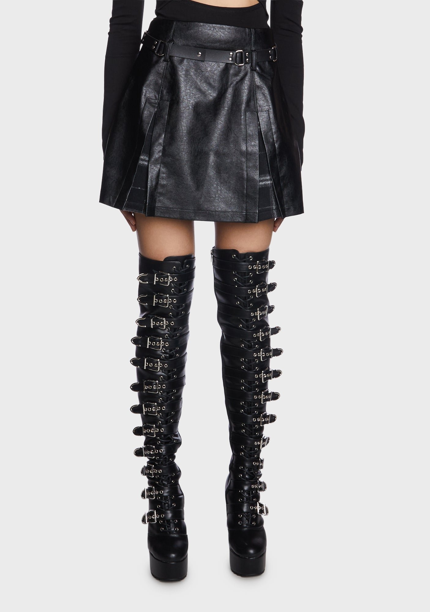 Black Plaid Splicing High-Waisted Vegan Leather Skirt
