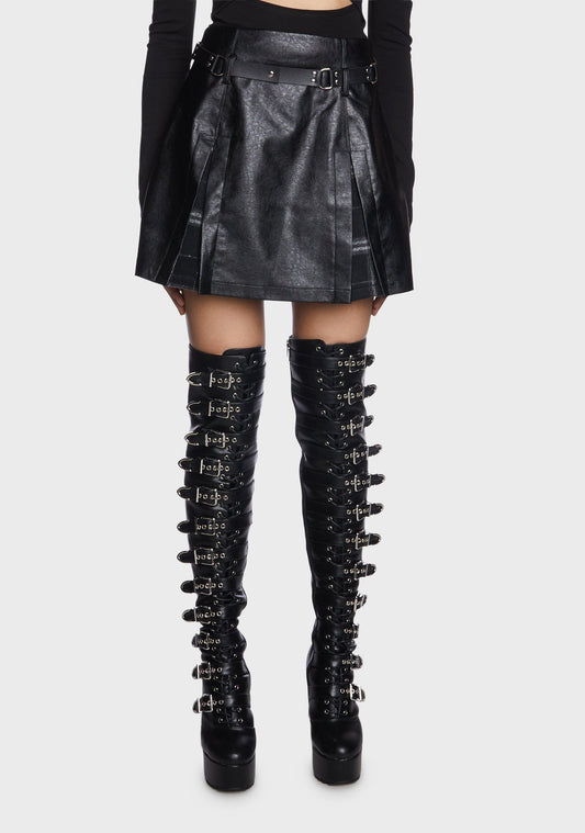 Black Plaid Splicing High-Waisted Vegan Leather Skirt