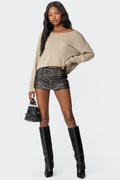 Black Contrast Stitch Washed Faux Leather Mini Skort