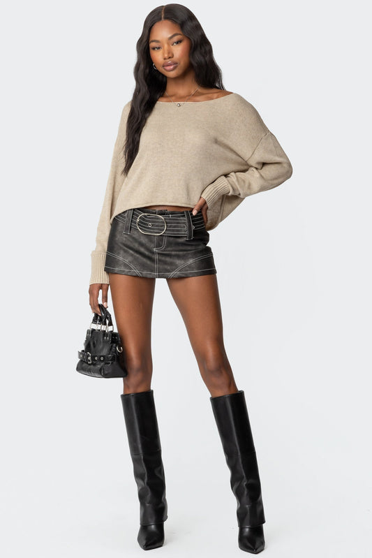 Black Contrast Stitch Washed Faux Leather Mini Skort