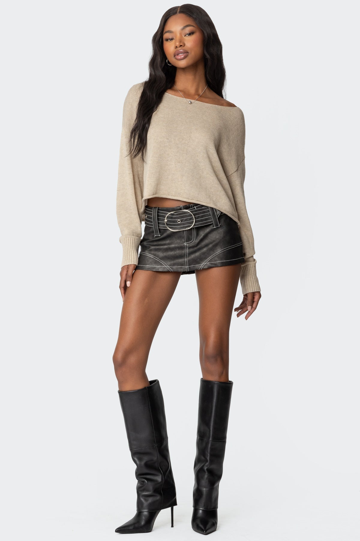 Black Contrast Stitch Washed Faux Leather Mini Skort