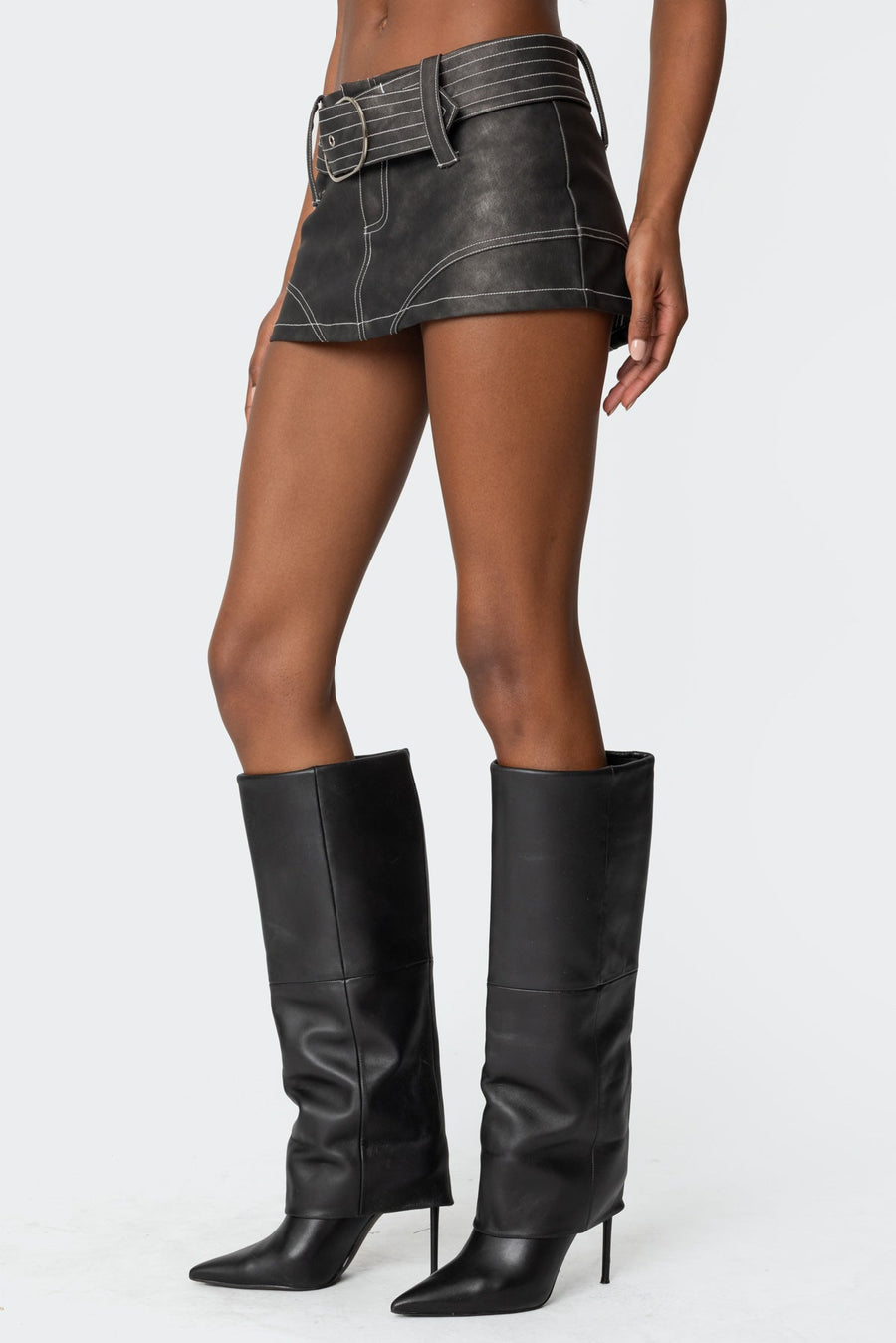 Black Contrast Stitch Washed Faux Leather Mini Skort