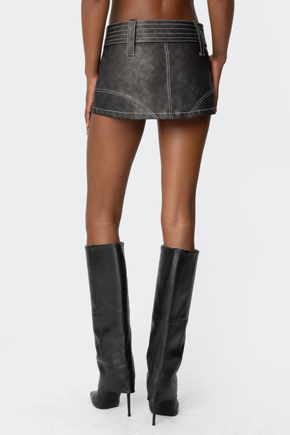 Black Contrast Stitch Washed Faux Leather Mini Skort