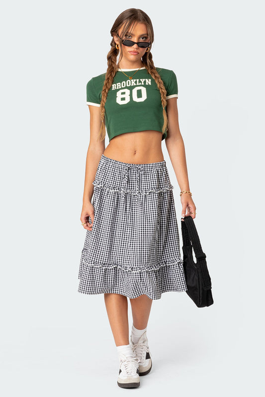 Plaid Tiered Adjustable Waist Midi Skirt