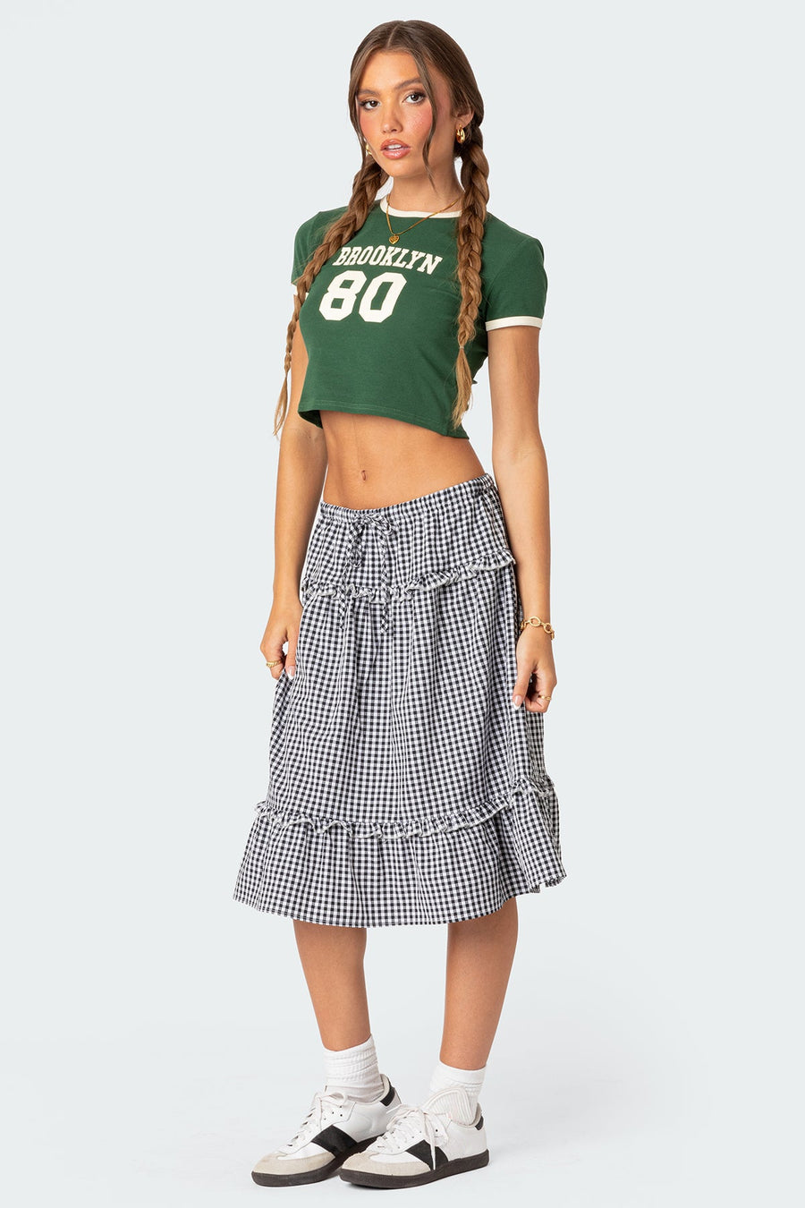 Plaid Tiered Adjustable Waist Midi Skirt