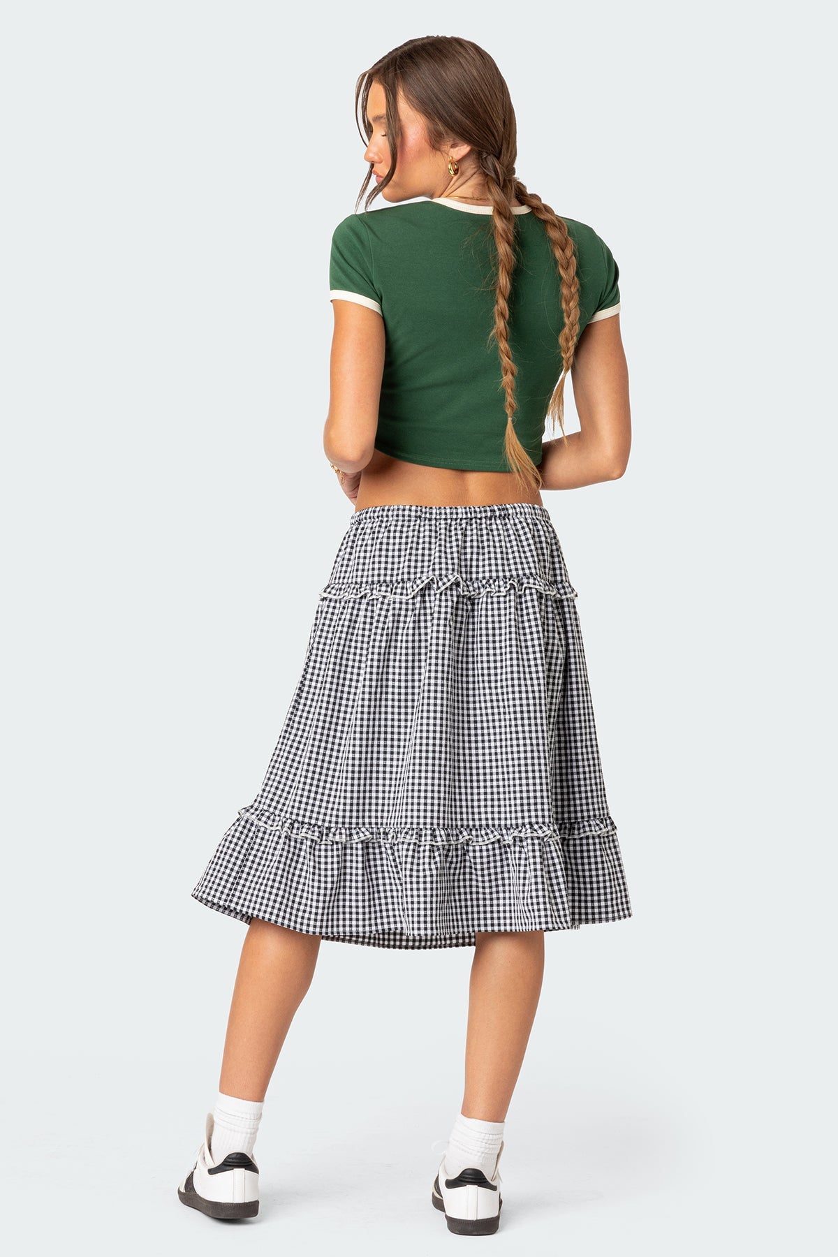 Plaid Tiered Adjustable Waist Midi Skirt
