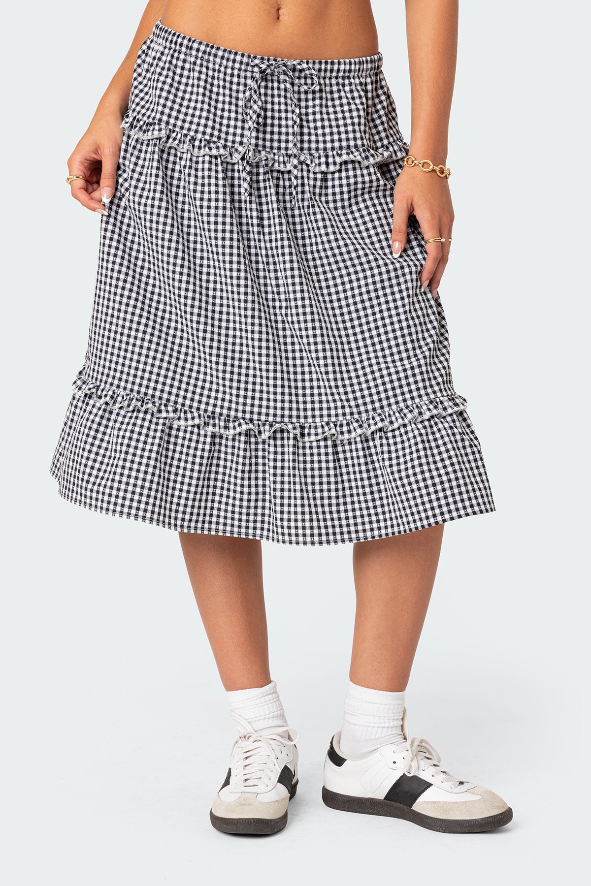 Plaid Tiered Adjustable Waist Midi Skirt