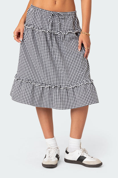 Plaid Tiered Adjustable Waist Midi Skirt