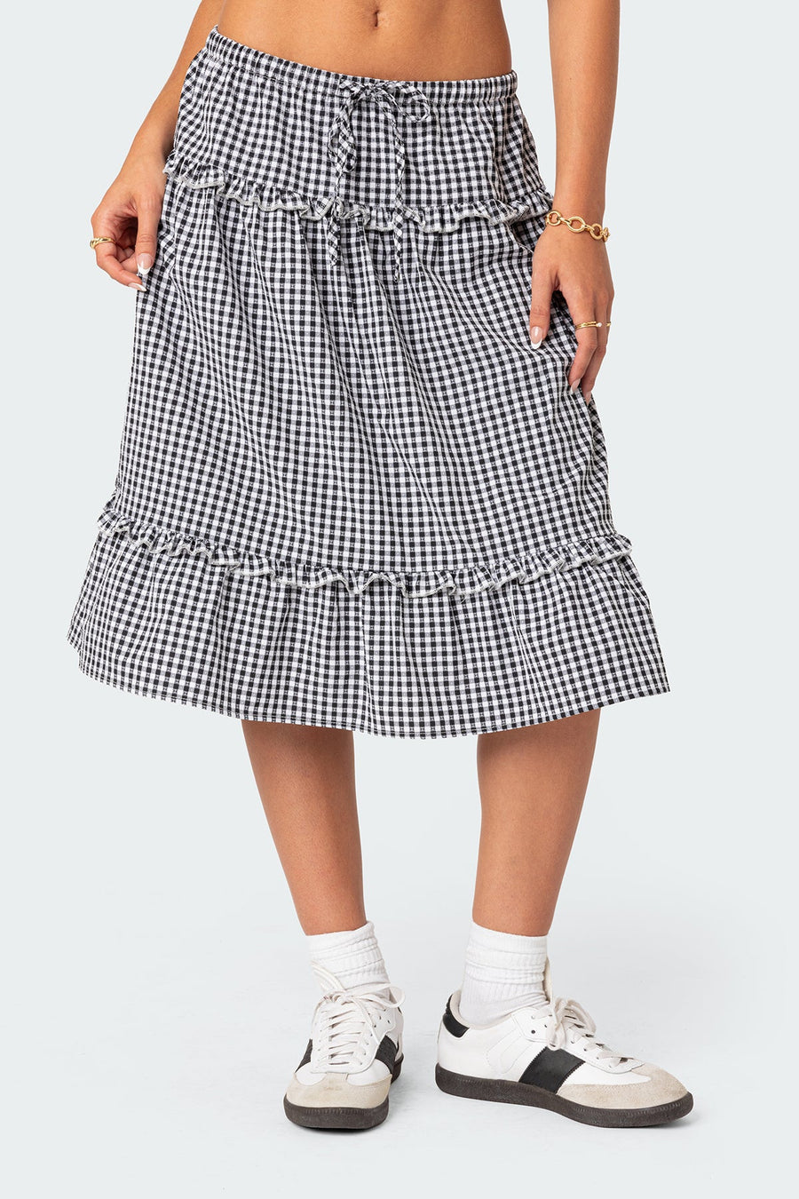Plaid Tiered Adjustable Waist Midi Skirt